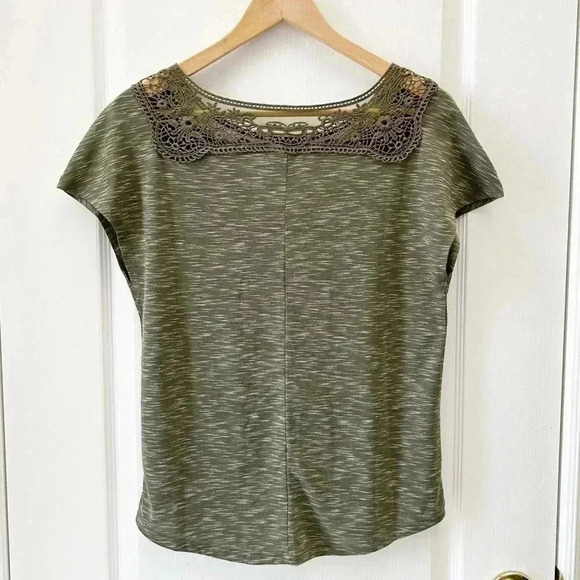 Ricki’s Cap Sleeve T-Shirt Crochet Trim Top Khaki Green Space Dye Small - Picture 5 of 14